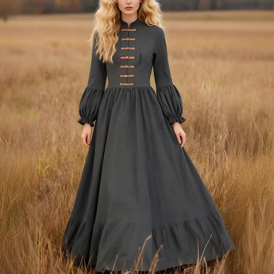 Cardydony Vintage Elegant Bell Sleeves Pleated Linen Maxi Dress