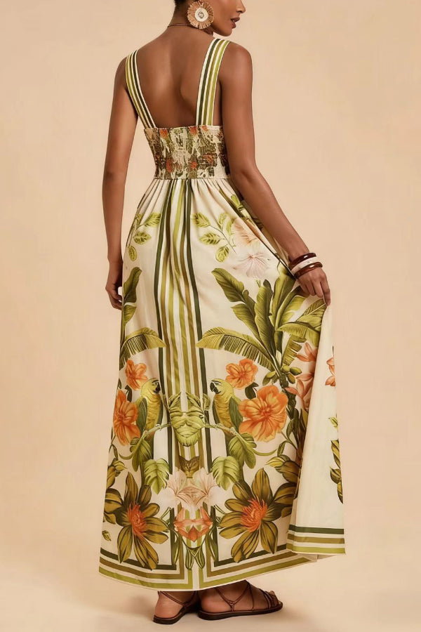 Cardydony Women's  Botanical Print V-neck Backless Pleated Casual Vacation Maxi Dress