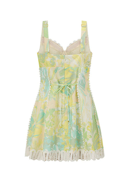 Cardydony Women's Stelle Linen Blend Floral Print Crochet Zig Zag Trim Back Lace-up Mini Dress