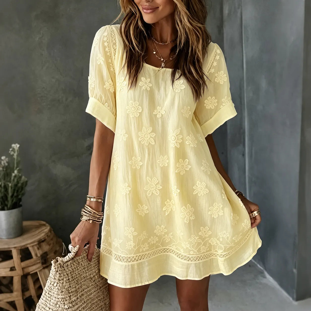 Cardydony Women's White Rose Art Embroidered Linen Blend Round Neck Maxi Dress