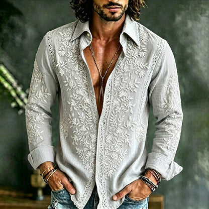 Cardydony Men's Causal Floral Art Print Flowy Linen Blend Shirt
