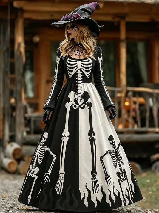 Cardydony Women's Vintage Halloween Color Block Skeleton Print Crew Neck Long Sleeve Maxi Dress