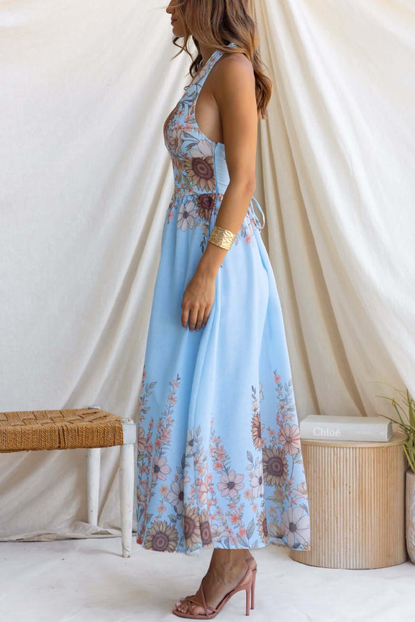 Cardydony Women's Sunflower Print V-neck Fitted Waist Elegant Maxi Dress
