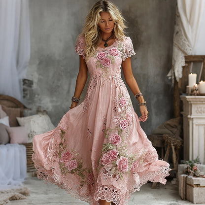 Cardydony Women's Vintage Rose Floral Art Embroidery Casual Maxi Dress