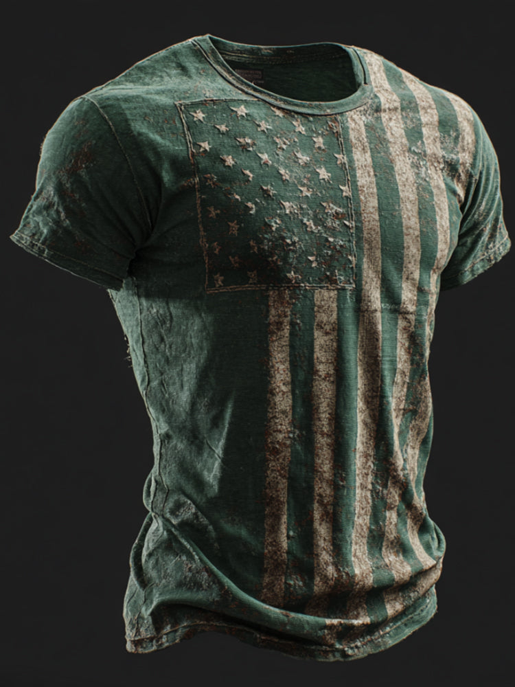 Cardydony Men's Vintage American Flag Pattern Washed T-shirt
