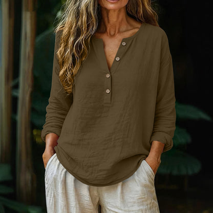 Cardydony Casual Solid Linen Long-sleeved Half-button Shirt