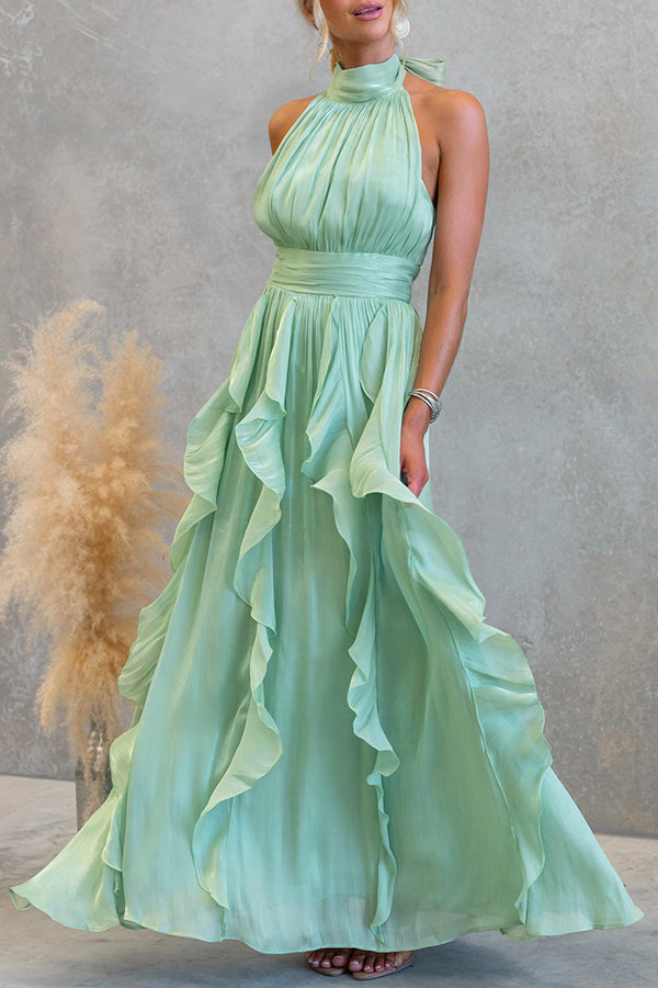 Cardydony Women's Coral Textured Metallic Chiffon Material High Tie Neck Ruffles Maxi Dress