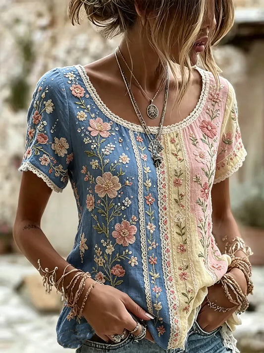Cardydony Vintage Small Floral And Lace Embroidery Art Color-blocking Patchwork Washed Cotton-linen Comfortable Round Neck Top