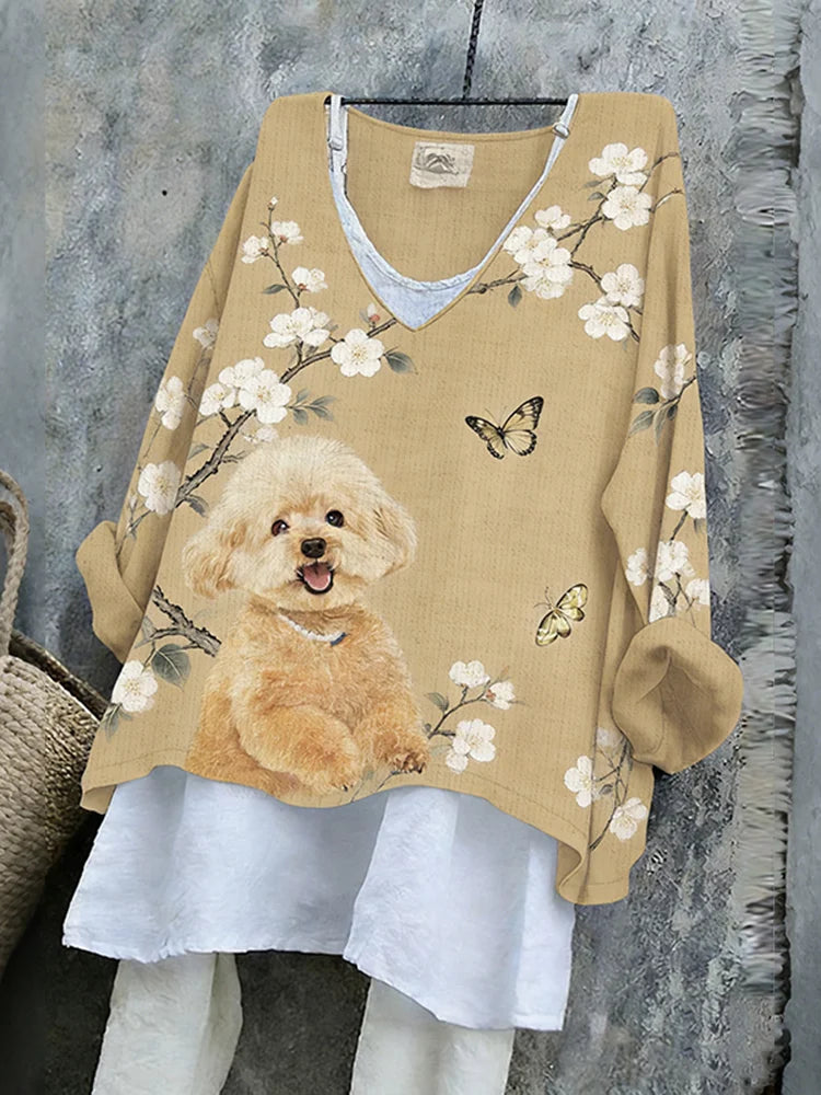 Cardydony Women's Cute Poodle With Pear Blossom Art V-neck Linen Blend T-shirt