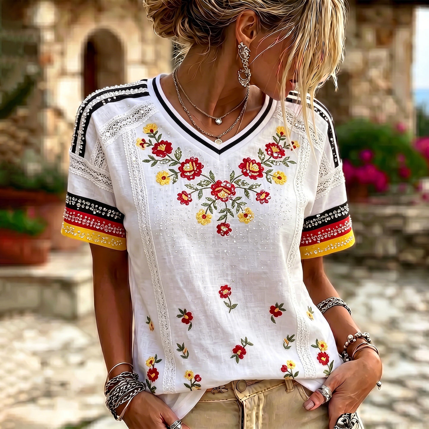 Cardydony Vintage Floral Hot Drill Art V-neck Cotton Linen Short-sleeved T-shirt