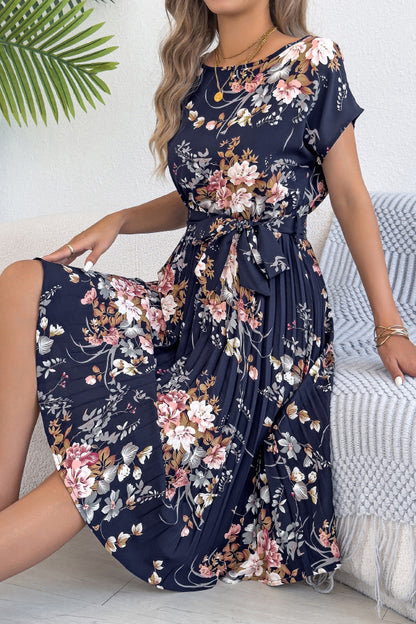 Cardydony Women's Floral Print Round Neck Fitted Waist Tie Pleated Midi Dress