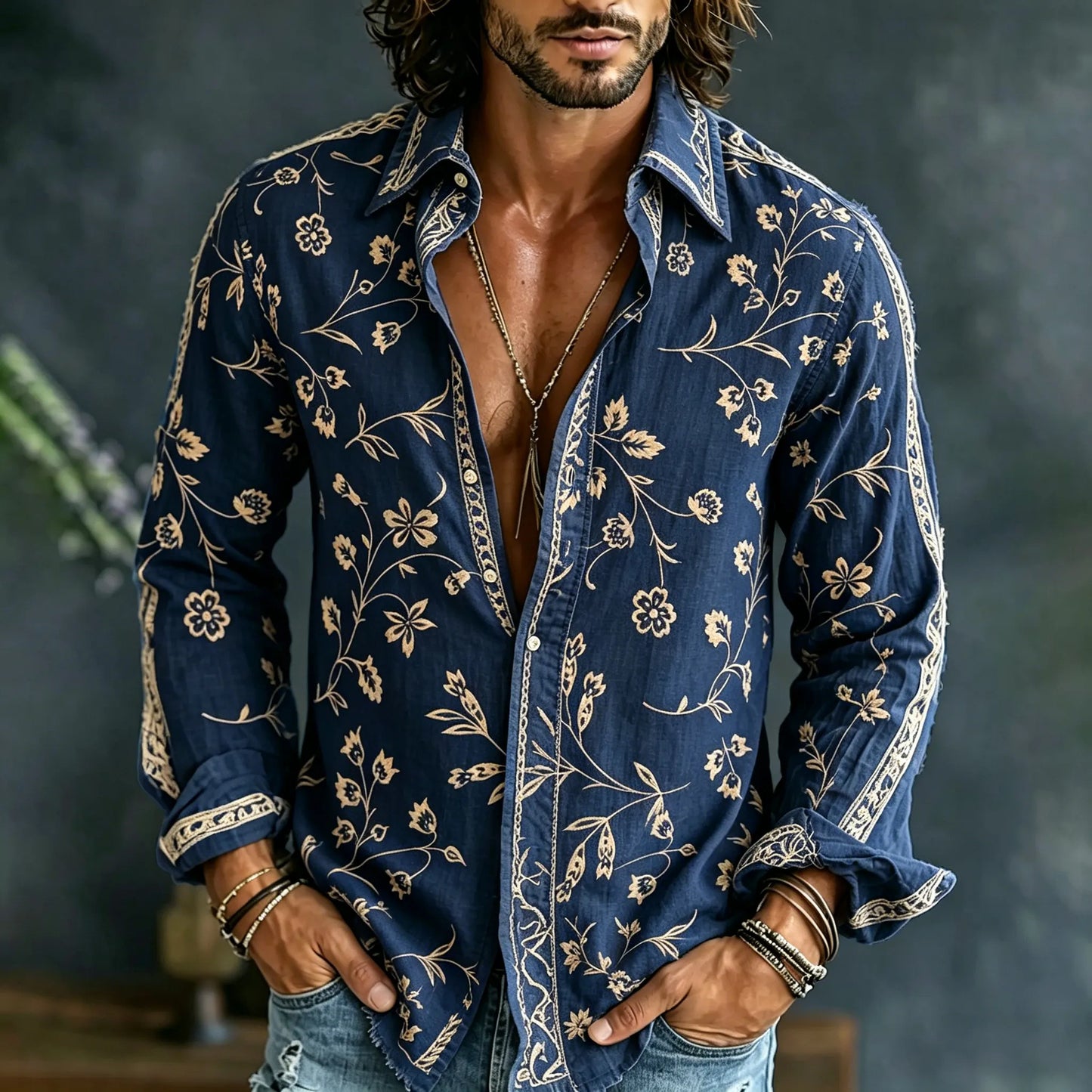 Cardydony Men's Vintage Spring Floral Embroidered Art Print Flowy Linen Blend Casual Shirt