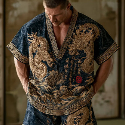 Cardydony Men's Dragon Pattern And Calligraphy Gold Embroidery Vintage Cotton Linen V-neck Top And Shorts Two-piece Set