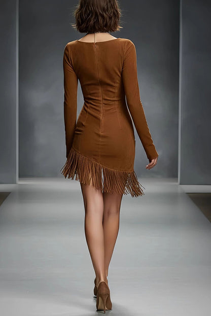 Cardydony Women's Stylish Suede Round Neck Long Sleeve Slim Fit Tassel Mini Dress