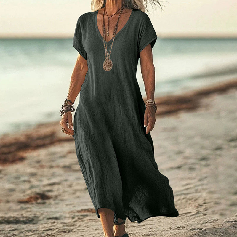 Cardydony Women's Solid Color V-neck Linen Blend Short Sleeve Dress