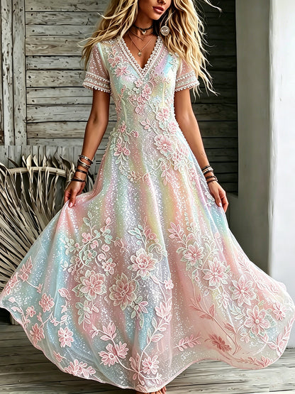 Cardydony Women's Floral In Macarons Colorful Art Embroidered Linen Blend V Neck Maxi Dress