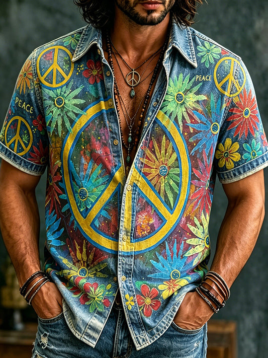 Cardydony Men's Retro Hippie Peace With Floral Graffiti Art Pattern Casual Washed Shirt