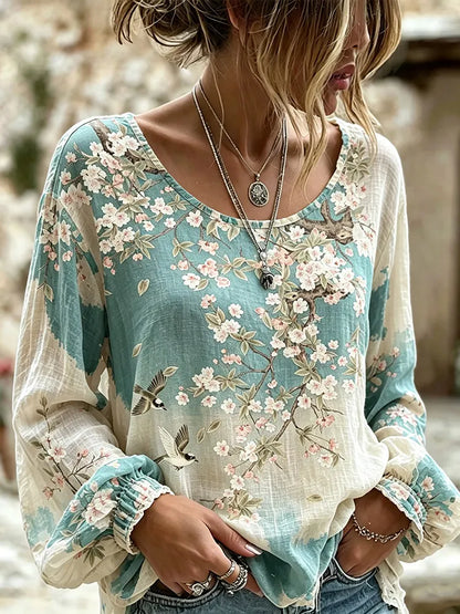 Cardydony Women's Bohemian Retro Cherry Blossom And Bird Print Linen Top