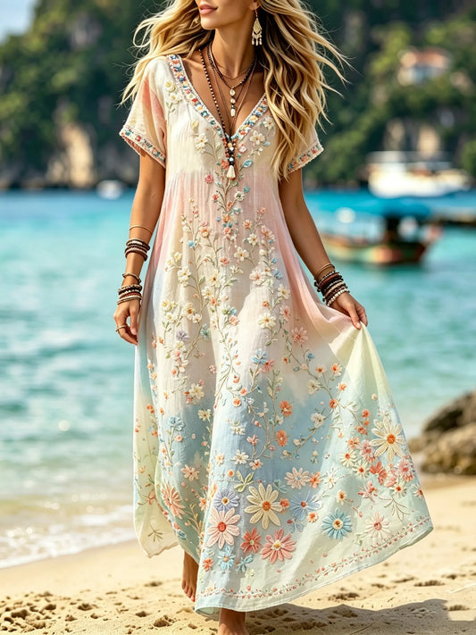 Cardydony Women's Summer Boho Floral Embroidery Art V Neck Short Sleeve Linen Blend Maxi Dress