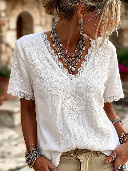 Cardydony Women's Rose Embroidery Art V-neck Linen Blend Short Sleeve T-shirt