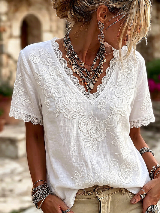 Cardydony Women's Rose Embroidery Art V-neck Linen Blend Short Sleeve T-shirt