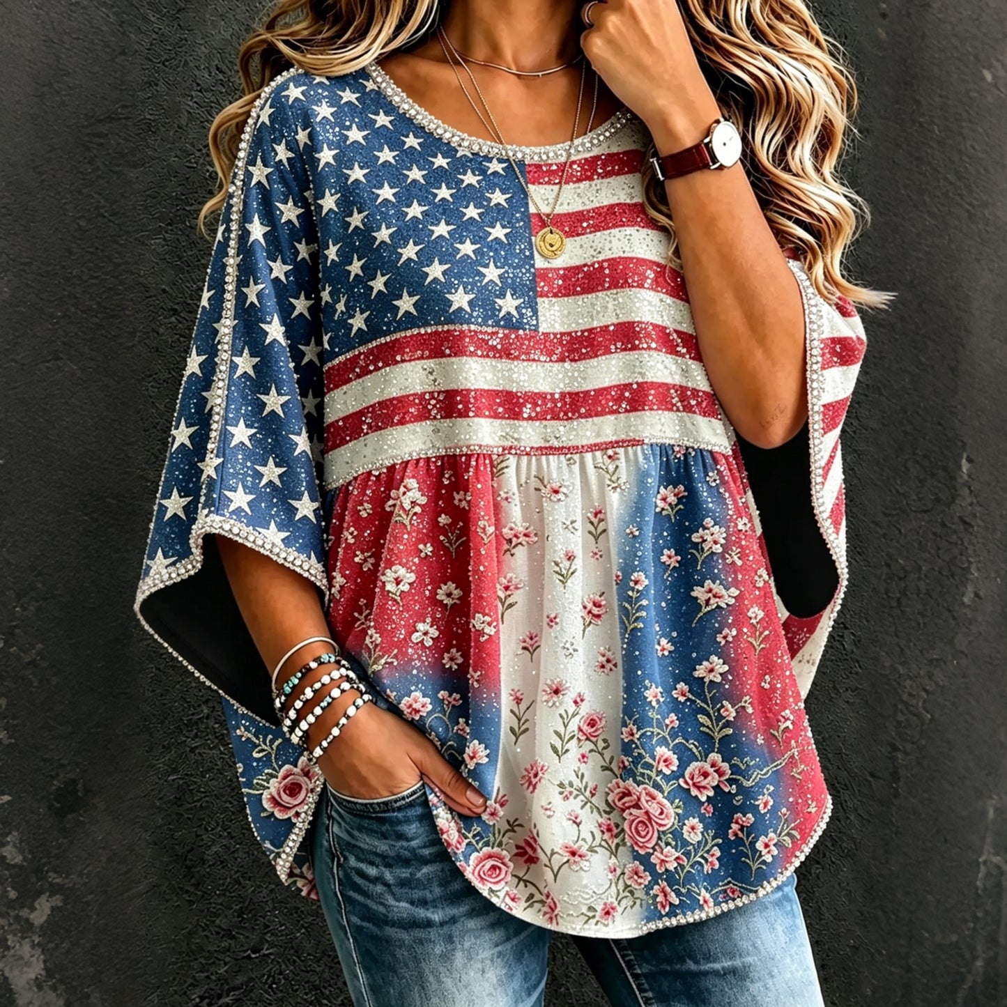 Cardydony Women's Vintage Independent Day Butterfly Art Print Flowy Linen Blend Three-quarter Sleeve Round Neck Linen Tops