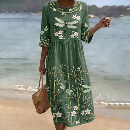 Cardydony Women's Dragonfly And Bamboo Art Pattern Crew Neck Linen Blend Midi Dress