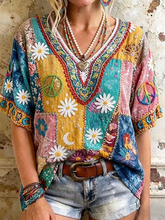 Cardydony Women's Vintage Hippie Sunflower Pattern Art Embroidered V Neck Tshirt