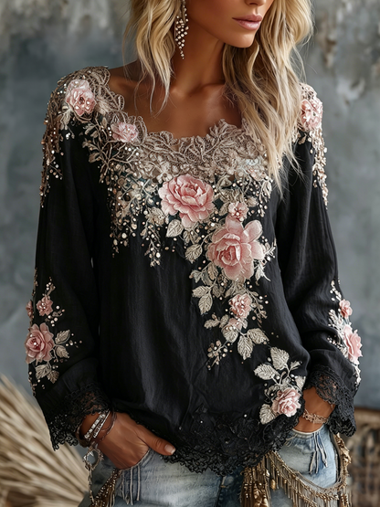 Cardydony Women's Vintage Rose Floral Art Crew Neck Long Sleeve Linen T-shirt