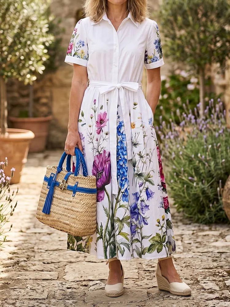 Cardydony Women's Painted Flower Shirt Collar Linen Blend Dress