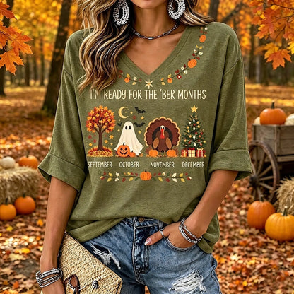 Cardydony Women's Retro Autumn Casual V-neck T-shirt