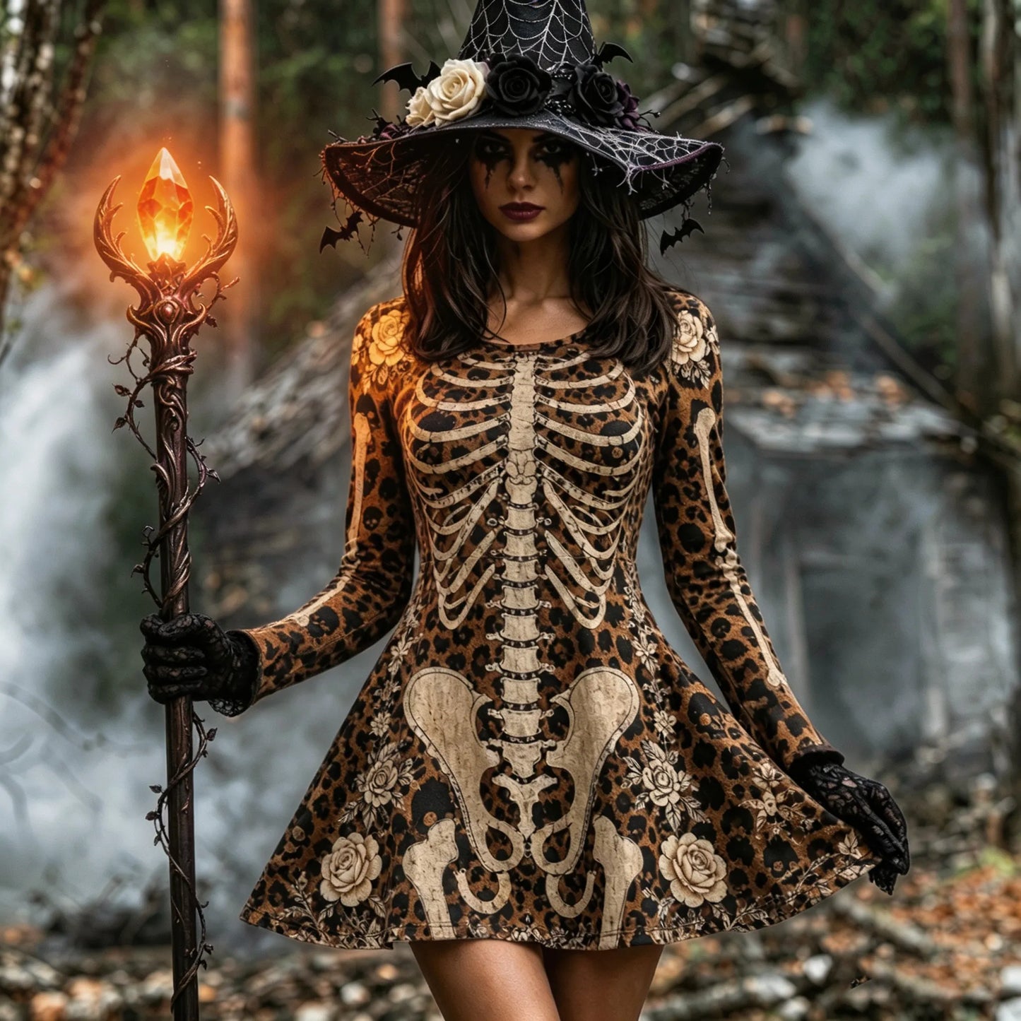 Cardydony Women's Halloween Jacquard Pattern Human Skull In Leopard Art Round-neck Mini Dress