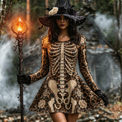 Cardydony Women's Halloween Jacquard Pattern Human Skull In Leopard Art Round-neck Mini Dress