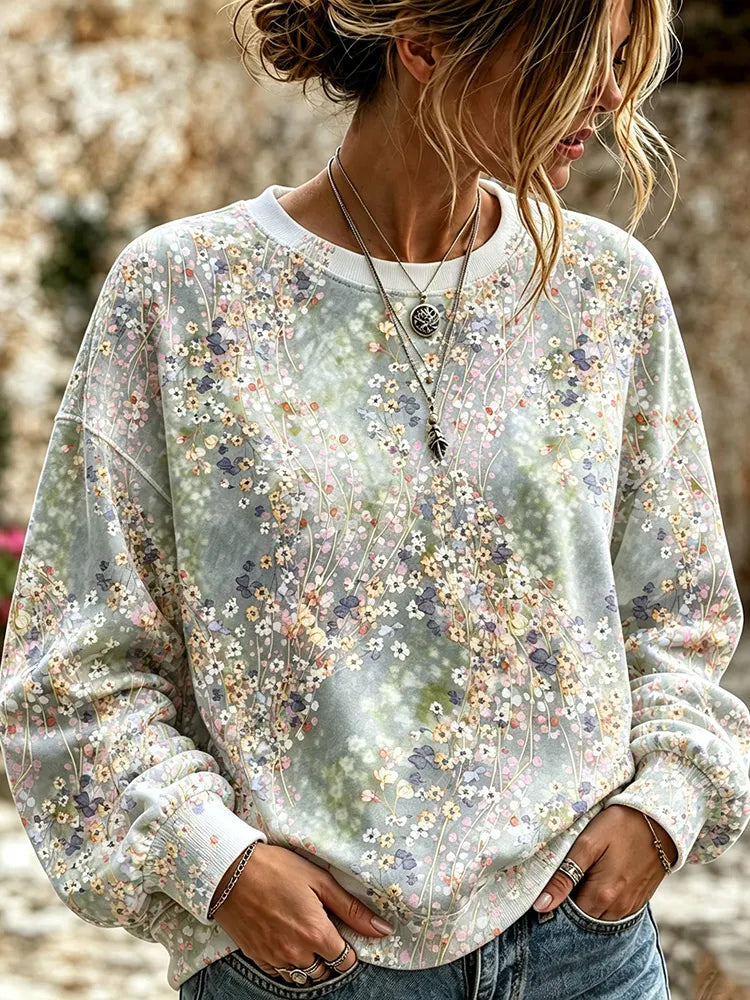 Cardydony Women's Vintage Fresh Small Floral Art Print Casual Long Sleeve Sweatshirt