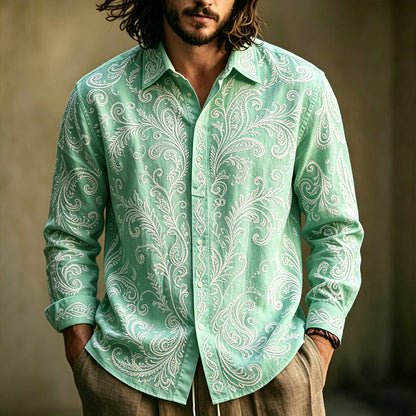 Cardydony Men's Retro Paisley Art Embroidered Mint Green Linen Blend Long Sleeve Shirt