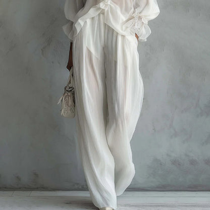 Cardydony Elegant Lace Long-sleeved Shirt And Wide-leg Pants Set