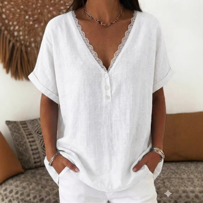Cardydony Women's Solid Color Lace V-neck Short Sleeve Linen Blend T-shirt