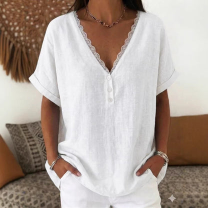 Cardydony Women's Solid Color Lace V-neck Short Sleeve Linen Blend T-shirt