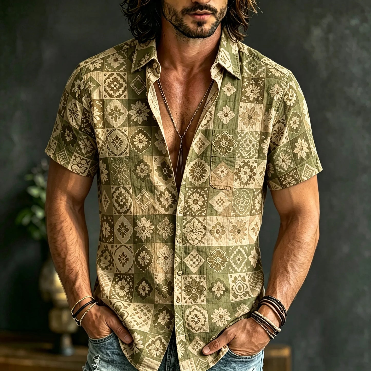 Cardydony Men's Boho Patchwork Floral Print Hippie Cotton And Linen Comfortable Short Sleeve Shirt
