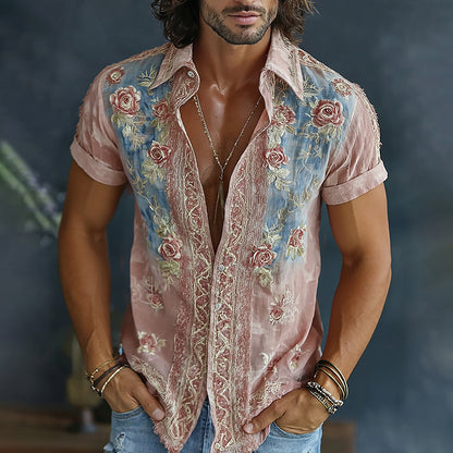 Cardydony Men's Vintage Spring Floral Embroidered Art Print Flowy Linen Blend Short Sleeve Shirt