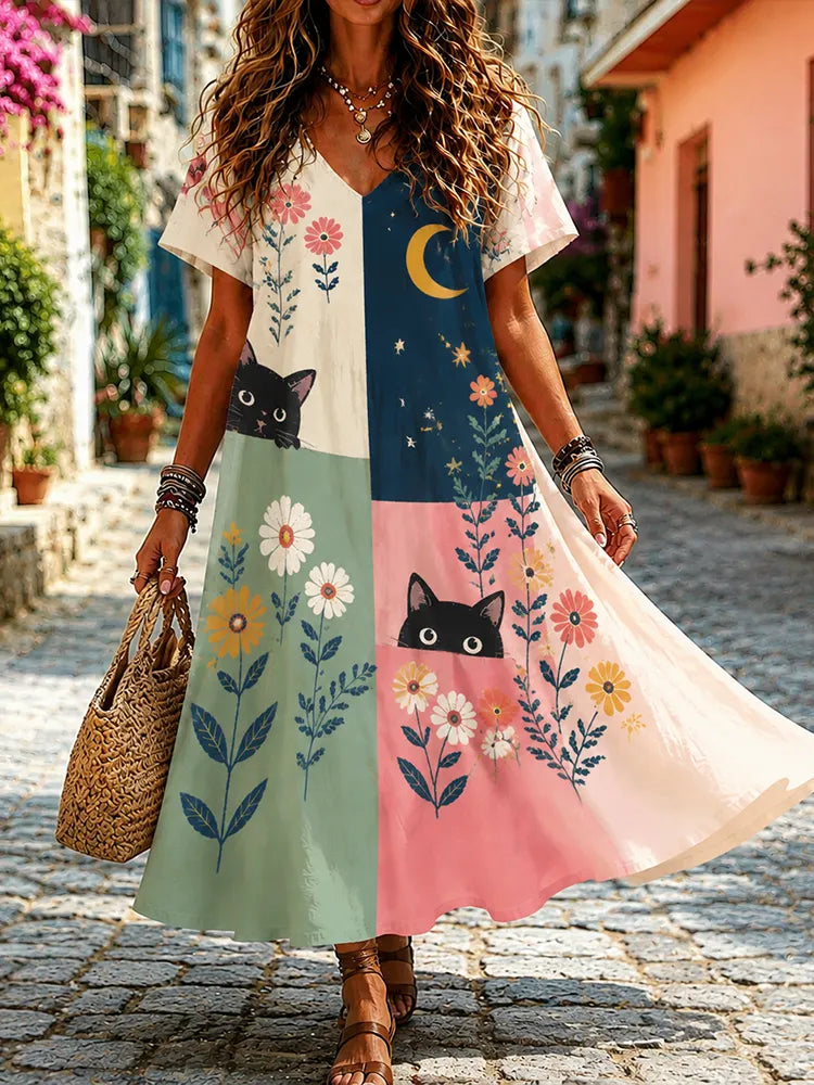 Cardydony Women's Boho Colorblock Black Cat, Moon And Floral Print V-neck Midi Dress