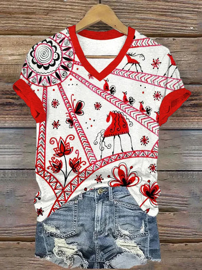 Cardydony Slavic Folk Horses Floral Art V Neck T Shirt
