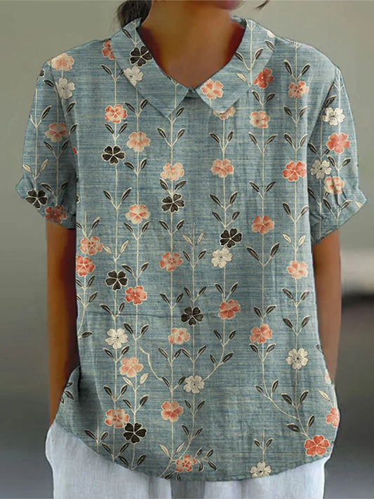 Cardydony Women's Retro Floral Art Print Casual Cotton Linen Shirt