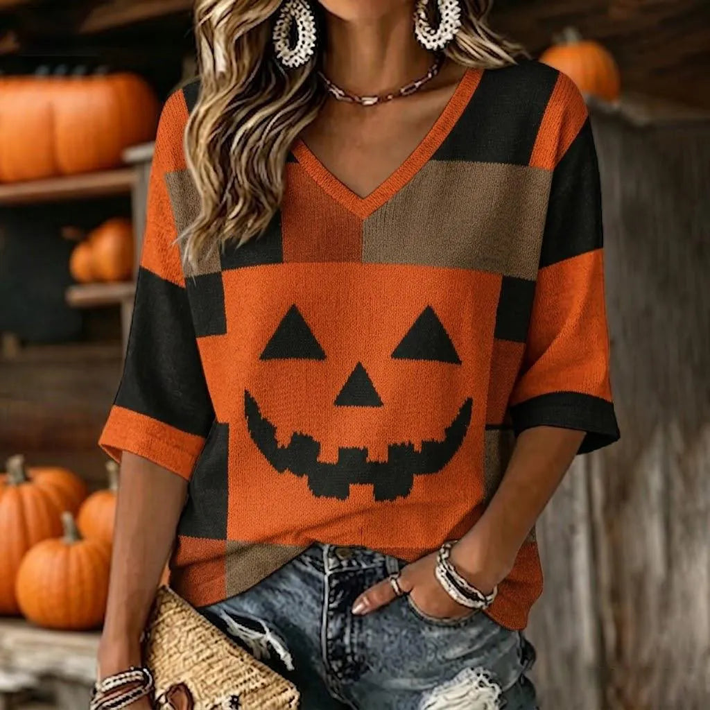 Cardydony Women's Vintage Patchwork Halloween Pumpkin Face Art Printed Mid-length Sleeves V-neck T-shirt