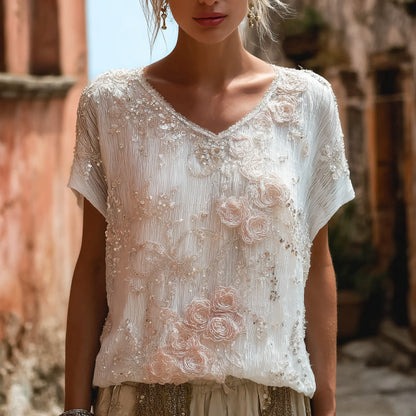 Cardydony Women's Bohemian Style Floral Rose Print Simple And Comfortable Short-sleeve Top