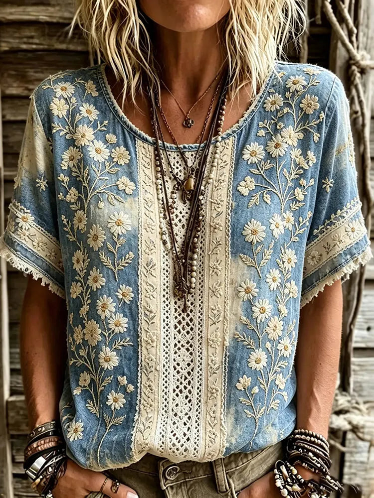 Cardydony Women's Floral Patchwork Design Round Neck Short-sleeved Top