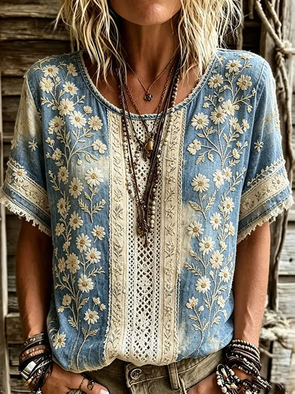 Cardydony Women's Floral Patchwork Design Round Neck Short-sleeved Top