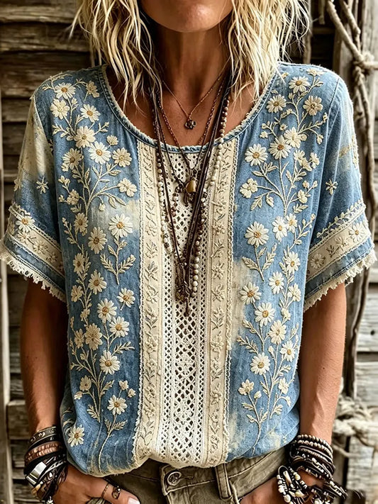 Cardydony Women's Floral Patchwork Design Round Neck Short-sleeved Top