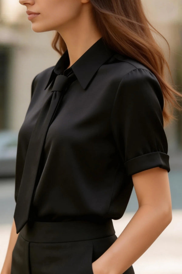 Cardydony Women's  Solid Color Collared Tie Short-sleeved Casual Shirt