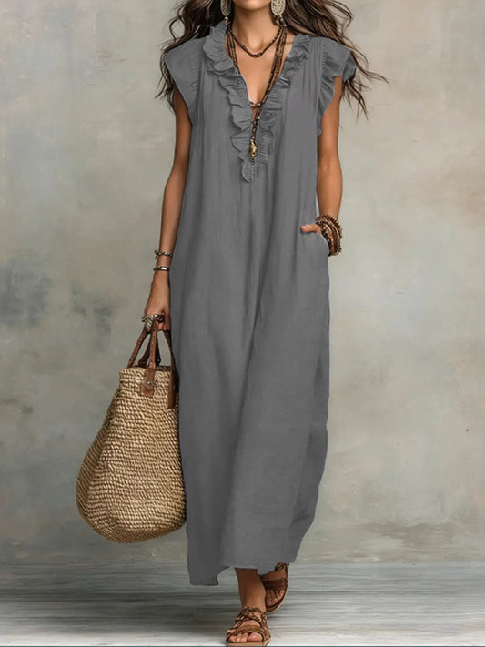 Cardydony Women's Vintage Solid Color Lace Cotton Linen Short-sleeved Long Dress